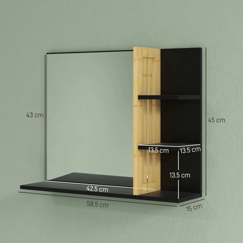 HOMCOM Specchiera Bagno Moderna da Parete a 4 Ripiani in Legno, 45x15x58.5cm, Nero