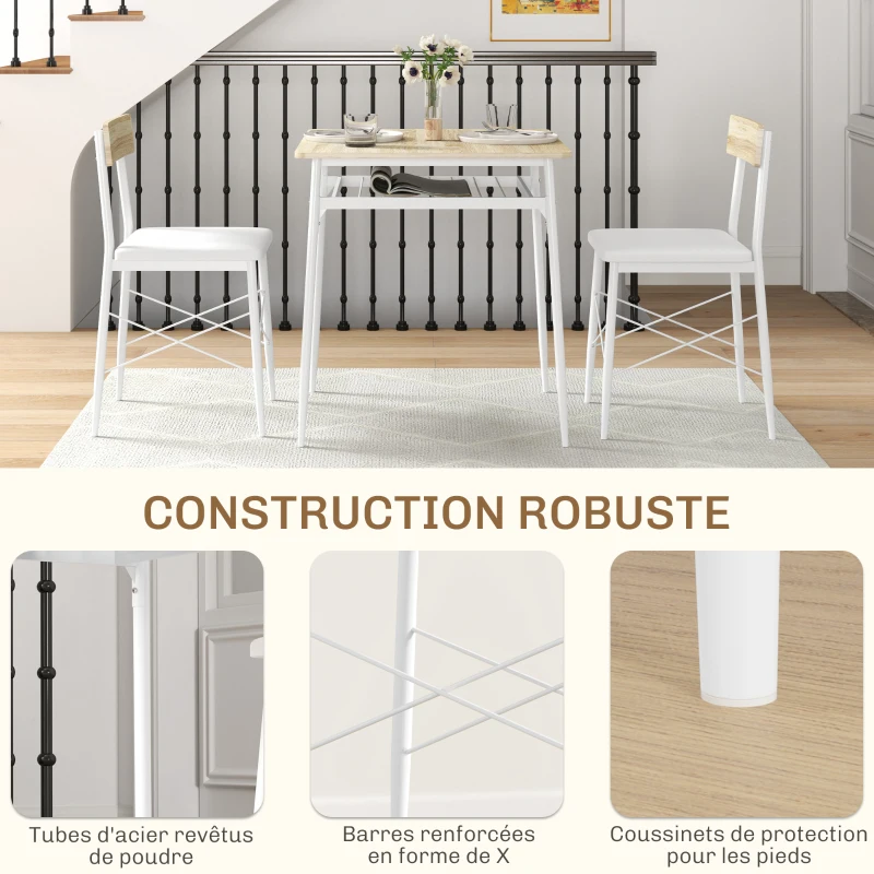 HOMCOM Ensemble table et chaises, table de cuisine avec chaises, structure en acier, avec 2 chaises encastrables, blanc chêne