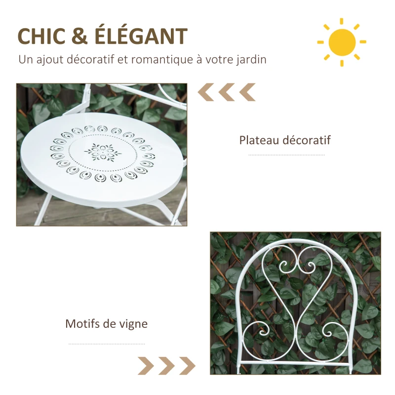 Outsunny Ensemble de jardin bistro 3 pièces 2 chaises pliantes et table ronde en métal époxy - blanc