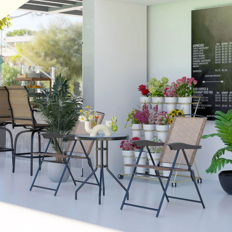 Outsunny Ensemble de Jardin 3 pièces 2 chaises inclinables Multi-Positions Pliables + Table Ronde Verre trempé métal textilène Chocolat