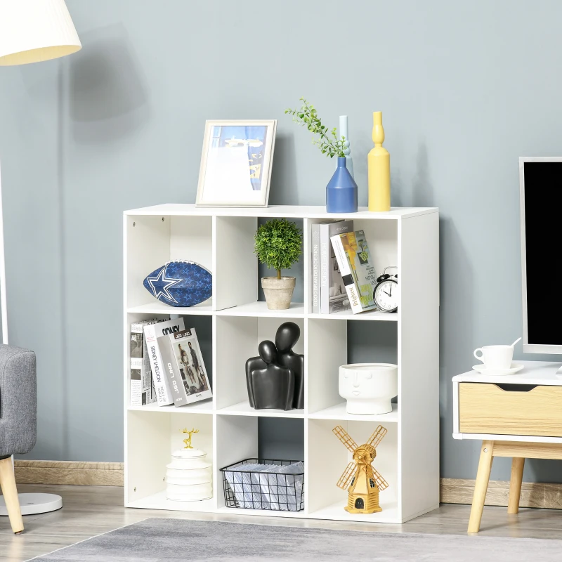 HOMCOM Libreria Bianca per Casa e Ufficio, Scaffale dal Design Moderno con 9 Scomparti in Legno,  91.5 x 29.5 x 91.5 cm