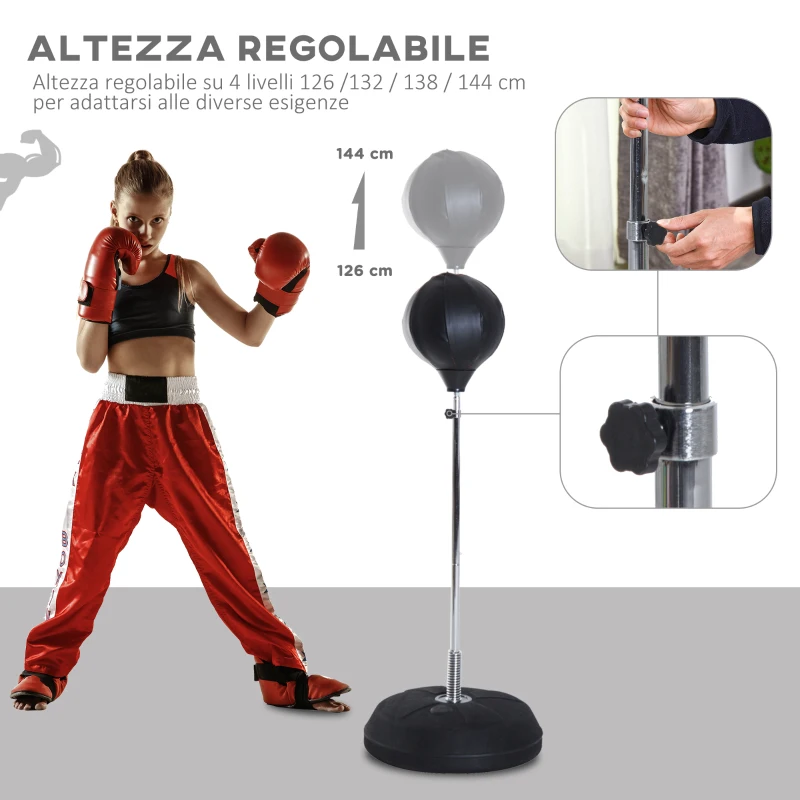 HOMCOM Punching Ball da Terra con Guantoni, Altezza Regolabile 126-144 cm e Base Riempibile, Nero