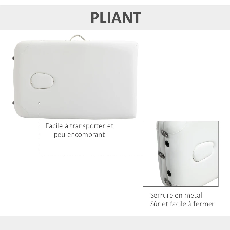 HOMCOM Table de massage 3 zones pliante cosmétique portable charge max. 225 Kg hauteur réglable cadre en alliage blanc