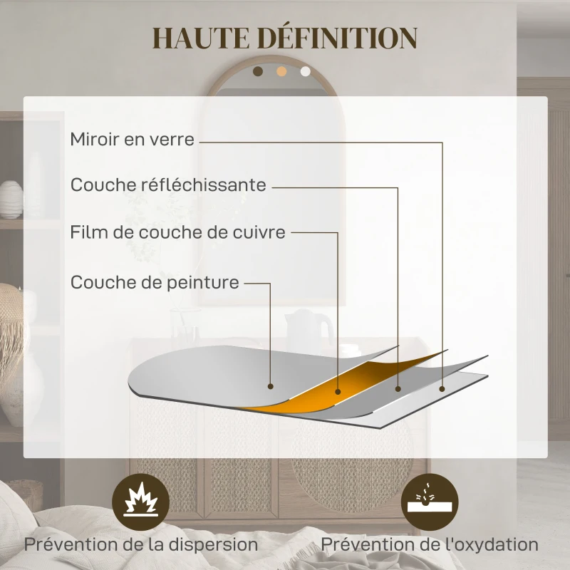 HOMCOM Miroir mural arche, 110 x 65 cm Cadre en bois, Miroir arqué pour le salon, la chambre, l'entrée, brun foncé