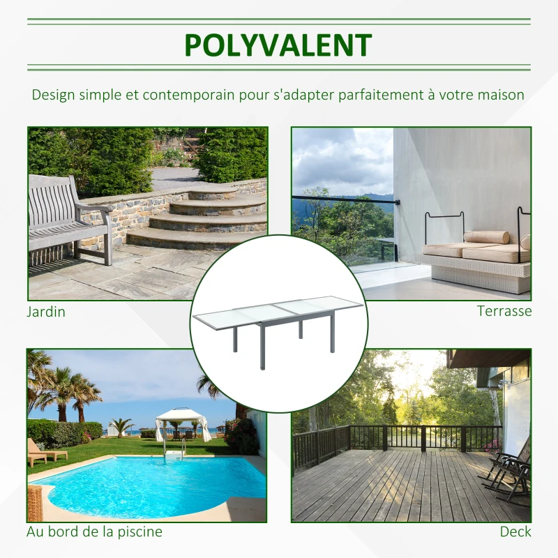 Outsunny Table à manger de jardin extensible table à rallonge rectangulaire plateau verre trempé dépoli châssis aluminium dim. 270L x 90l x 73H cm gris et blanc