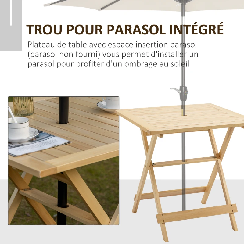 Outsunny Table à manger de jardin pliable table bistro carrée table patio terrasse avec trou pour parasol bois de peuplier dim. 70L x 70l x 70H cm naturel