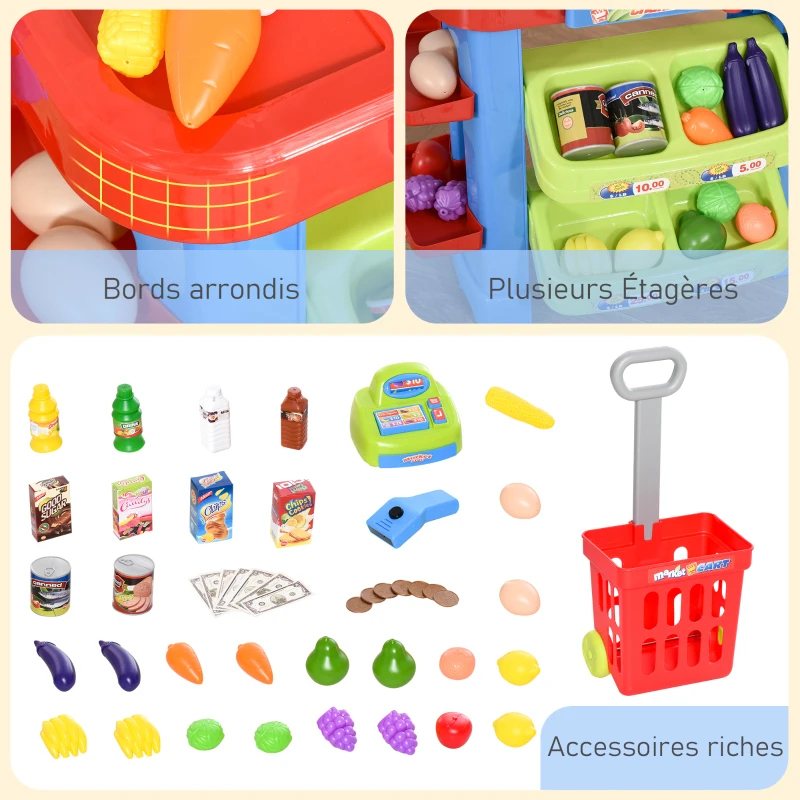 HOMCOM Jeu d'imitation commerçant Jeu de la marchande Caddie + Caisse enregistreuse et 45 Accessoires Inclus Effets Lumineux sonores
