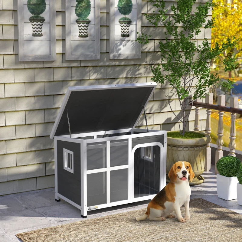 PawHut Wooden Outdoor Dog House with Asphalt Openable Top, Removable Floor, Clear Front Panel, Curtain, Light Grey