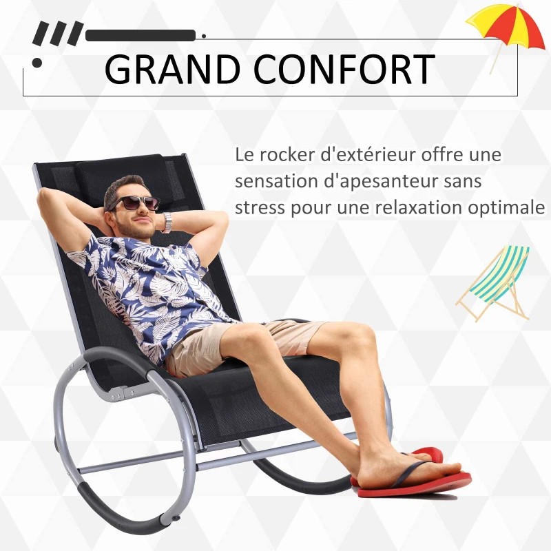 Outsunny Fauteuil Chaise Longue à Bascule Design Contemporain dim. 117L x 62l x 91H cm alu. Polyester Noir
