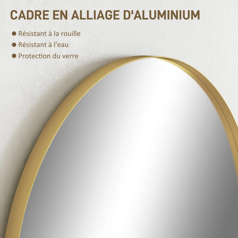 HOMCOM Miroir mural arqué miroir de salle de bain avec cadre en alliage d'aluminium pour chambre salon entrée 60 × 90 cm or