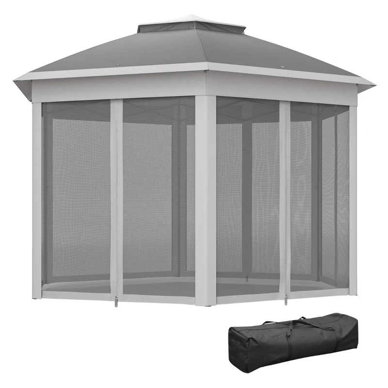 Outsunny 3 x 4m Garden Gazebo Hexagon Pop Up Gazebo Party Tent Canopy Double Roof Instant Shelter with Netting and Carry Bag for Outdoor Patio, Dark Grey