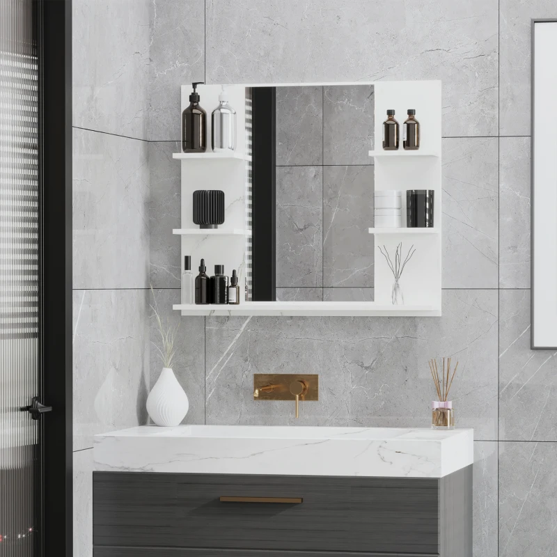 kleankin Miroir mural de salle de bain avec étagères de rangement - 4 étagères latérales + 1 étagère inférieure - MDF