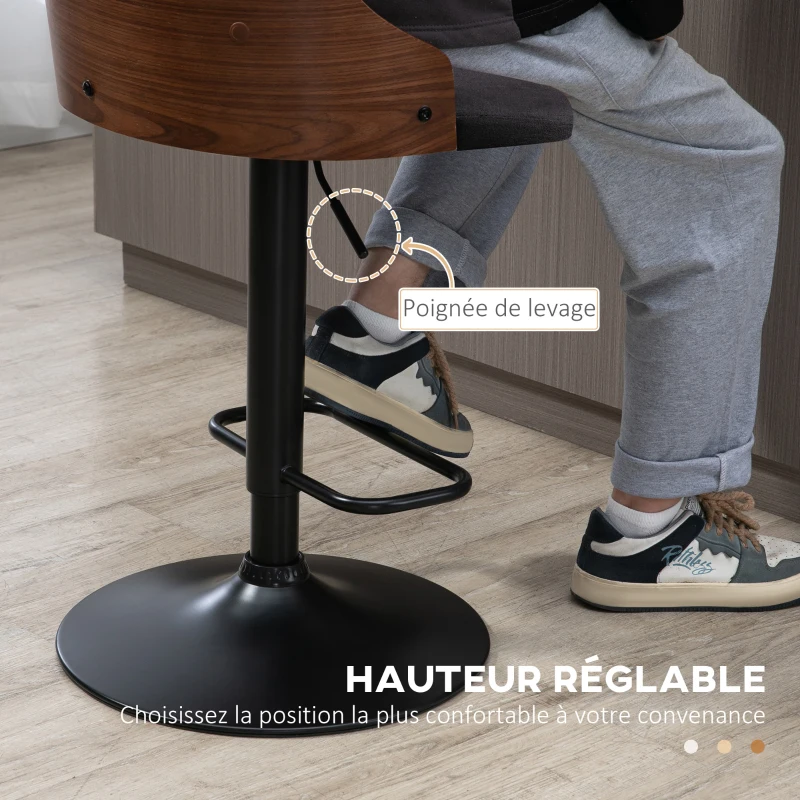 HOMCOM Lot de 2 tabourets de bar réglable en hauteur rotatif sur 360° avec repose-pieds, tissu capitonné