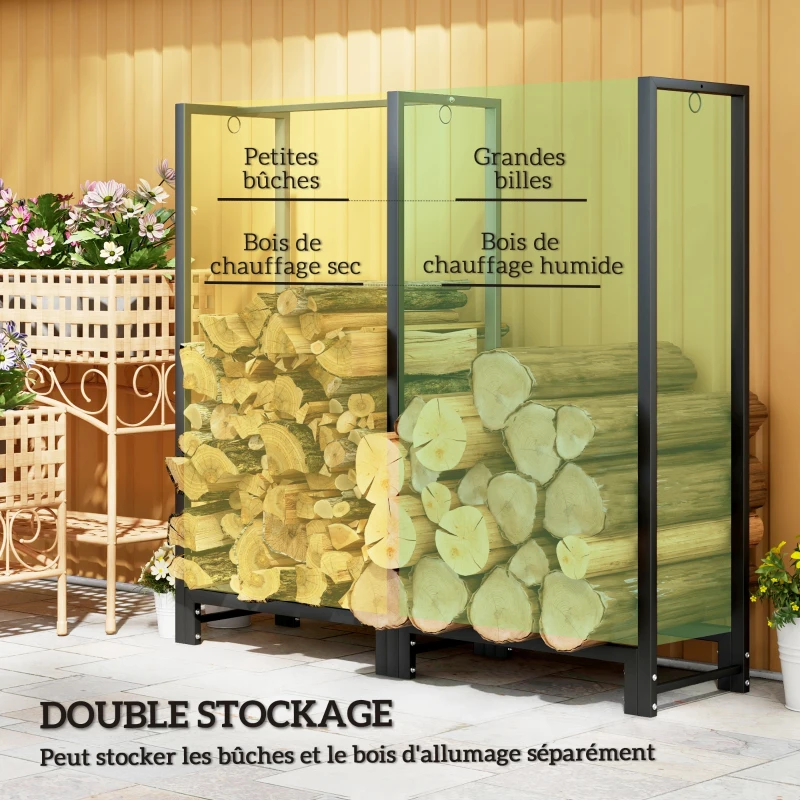 Outsunny Porte-bûches, range-bûches, avec deux compartiments, 3 crochets, base surélevée, , 123L x 32l x 115H cm, acier, noir