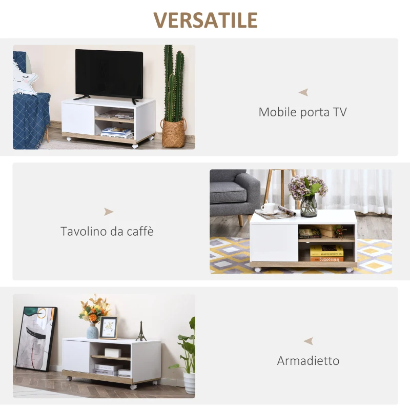 HOMCOM Carrello Porta TV con 1 Anta e Vani Aperti, Mobile per TV fino 42'' con Ruote, 80x45x39.5cm