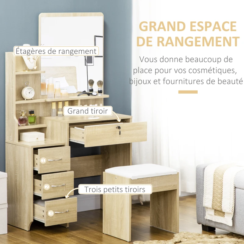HOMCOM Ensemble de coiffeuse table de maquillage avec tabouret rembourré grand miroir + plusieurs étagères ouvertes + 4 tiroirs bois naturel