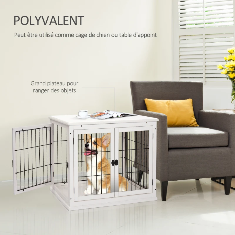 PawHut Cage pour chien intérieur en MDF E1, meuble 3 portes verrouillables, jusqu'à 30 kg, 81L x 58l x 66H cm, noir et blanc