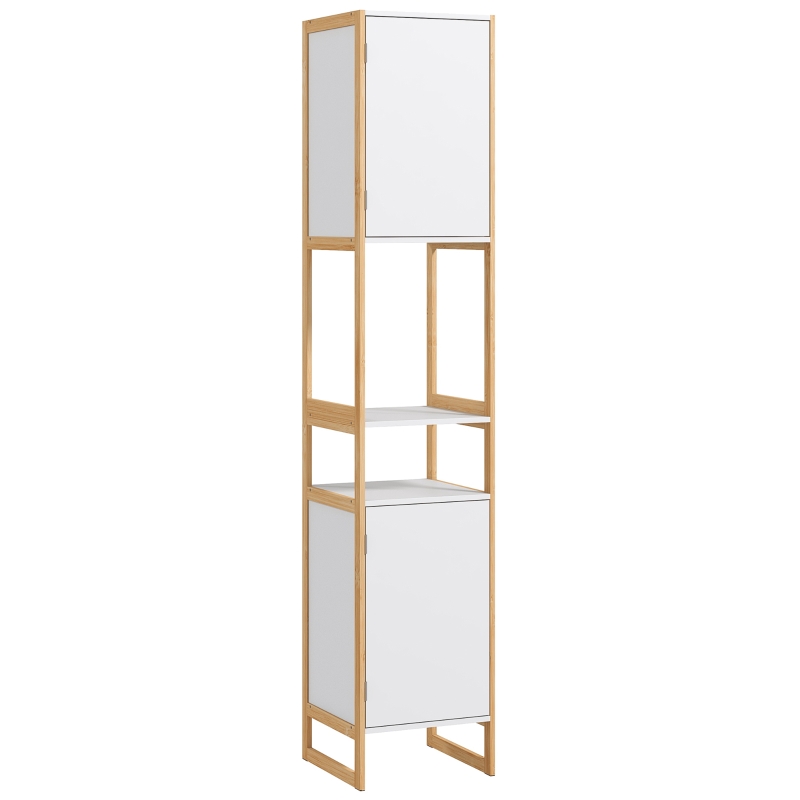 HOMCOM Meuble colonne de salle de bain avec 2 niches et 2 placards étagère réglable, bambou et MDF 33L x 33l x 170H cm blanc