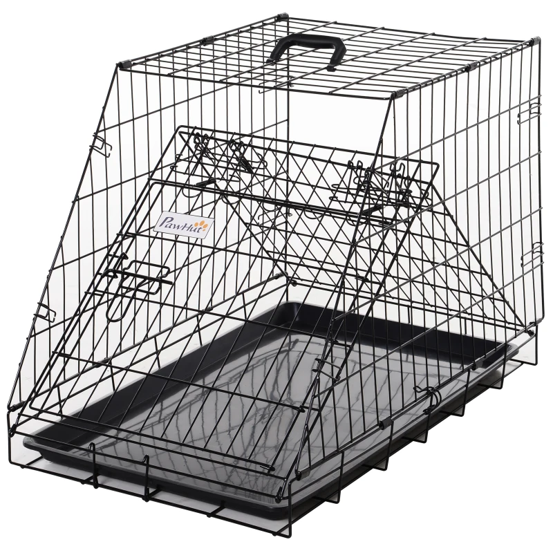PawHut Jaula Plegable de Metal para Perros con Bandeja Extraíble Pestillo Incorporado Forma Trapezoidal Transportador 76x48x55cm 10kg Negro