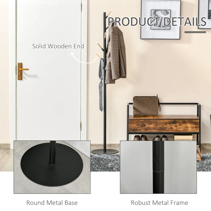 HOMCOM 174cm Free Standing Coat Rack Stand with 6 Hooks Clothes Tree Hat Display Hall Tree Hanger Hanging Organizer for Hallway Bedroom Living Room Black