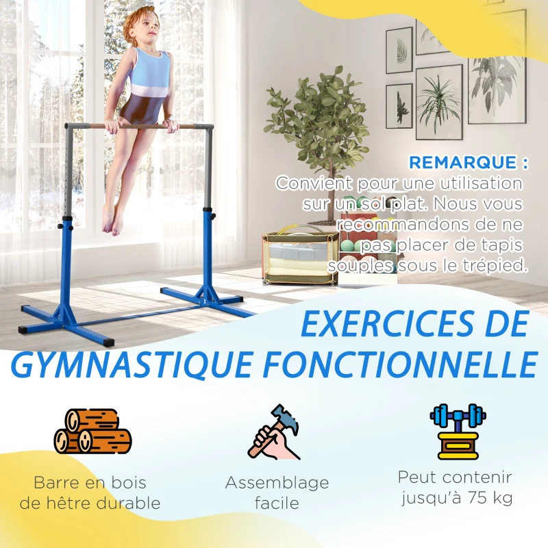 HOMCOM Barre fixe de gymnastique enfant - barre de gymnastique hauteur réglable 13 niveaux 92 à 150 cm - acier bleu bois hêtre