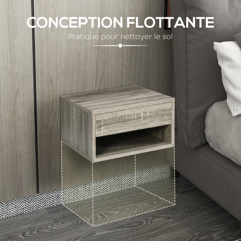 HOMCOM Lot de 2 tables de chevet murales table de nuit tiroir coulissant niche plateau en bois dim. 37L x 32l x 21H cm Gris