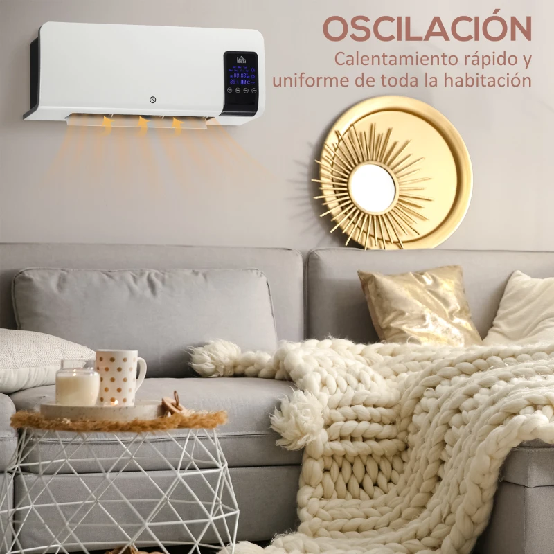 HOMCOM Calefactor Eléctrico de Pared 1000W/2000W Estufa con Pantalla LED y Mando a Distancia 54,5x12x21,5 cm Blanco