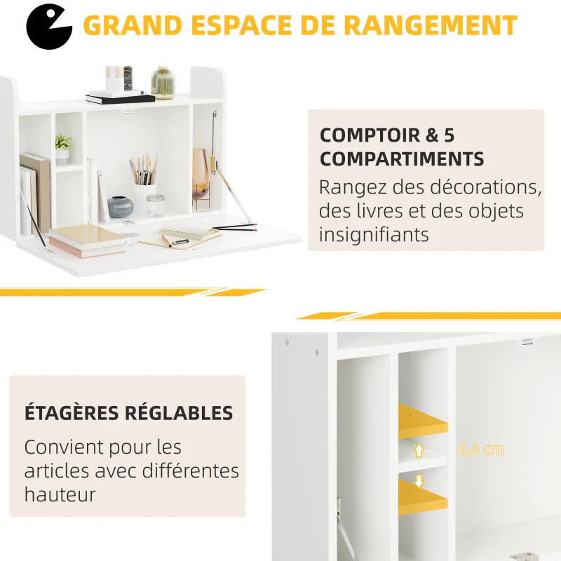 HOMCOM Bureau suspendu table murale table d'ordinateur murale et tablette rabattable avec rangements - 77 x 20 x 51 cm