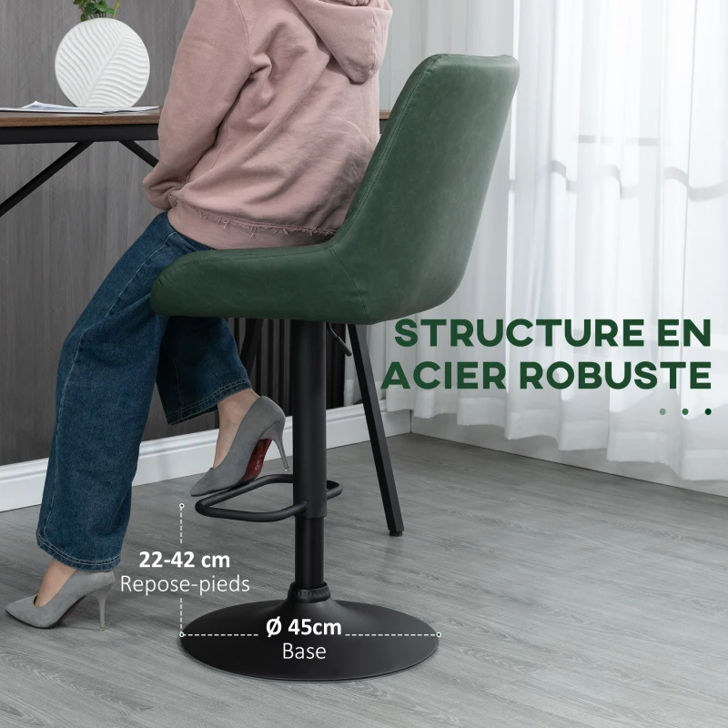 HOMCOM Lot de 2 tabourets de bar en similicuir hauteur réglable pivotant à 360° dossier et repose-pieds vert foncé