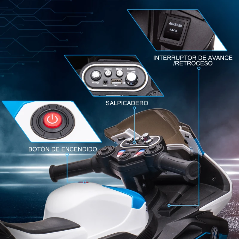 HOMCOM Moto Eléctrica BMW HP4 para +18 Meses con Música USB Velocidad 2,5 km/h Avance y Retroceso 82,5x42x54 cm Azul