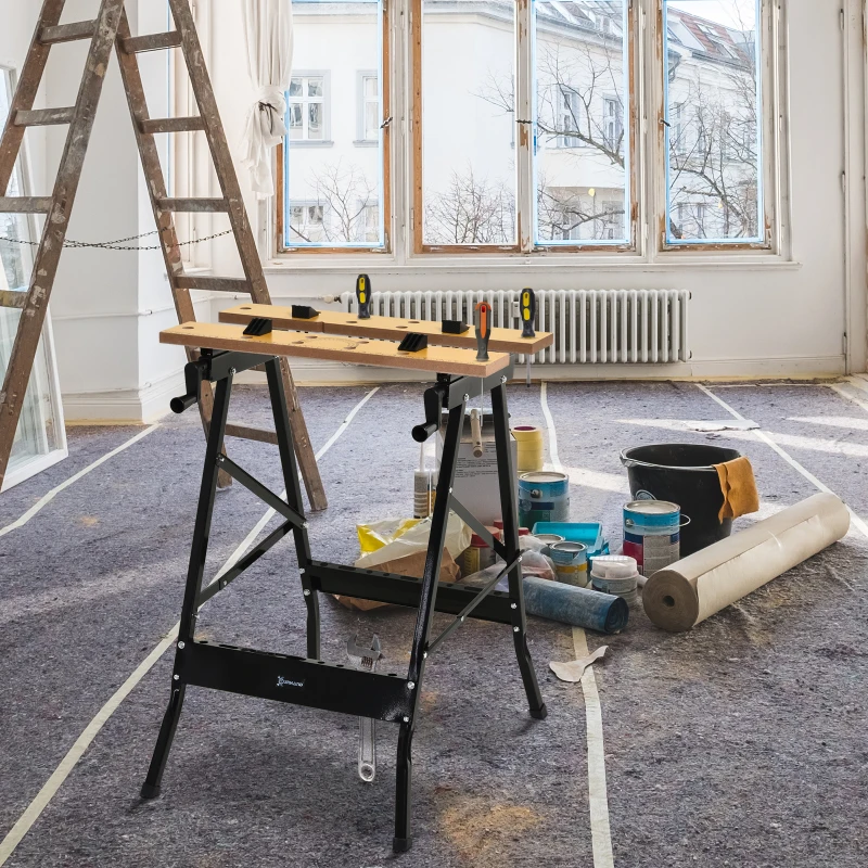 DURHAND 4-in-1 Work Bench, Folding Clamp Table w/ 4 Adjustable Clamping Pegs for DIY Home Garage, Black