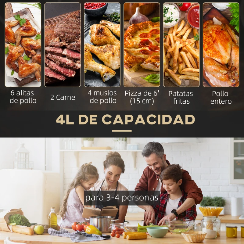 HOMCOM Freidora de Aire Caliente de 4L con 12 Programas Preestablecidos y Pantalla LED Táctil 1300W 34,2x25,6x31,8 cm Negro