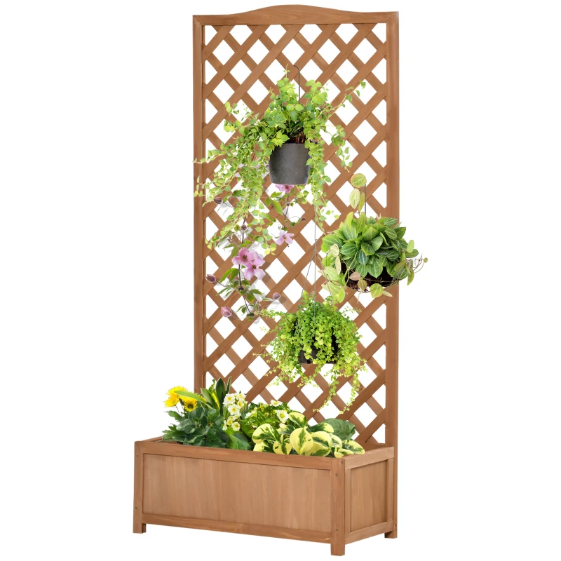 Outsunny 53L Garden Wooden Planter Box with Trellis Free Standing Flower Raised Bed with Lattice for Climbing Plants, 76cm x 36cm x 170cm, Brown