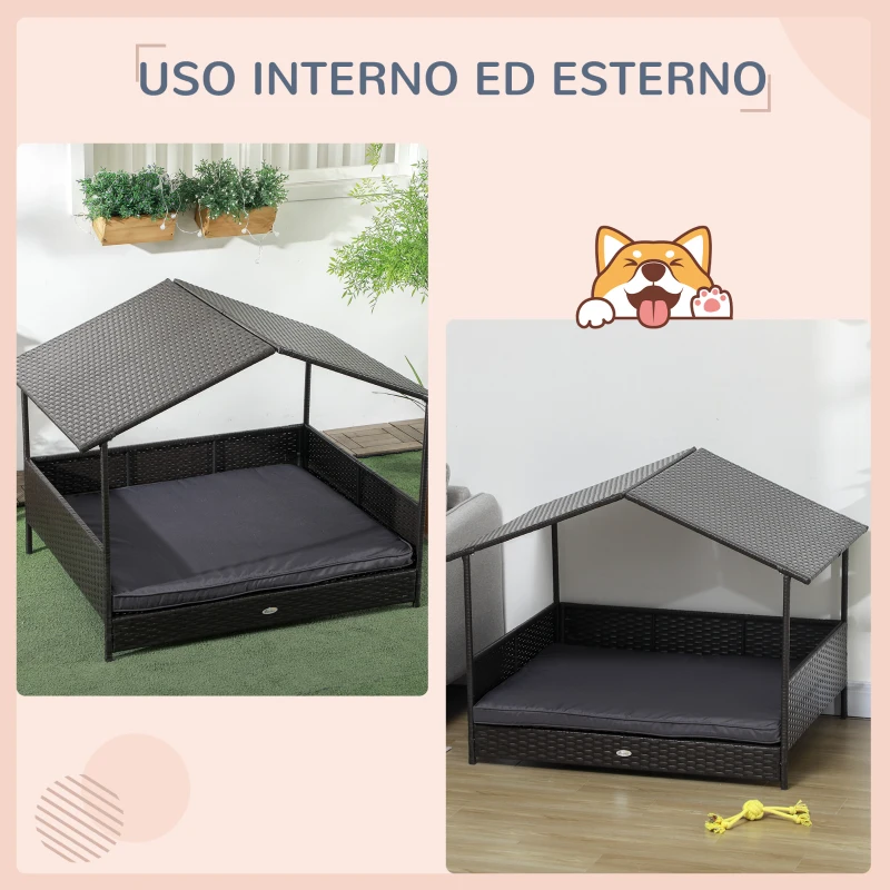 PawHut Casetta per Cani Rialzata con Cuscino Sfoderabile, in Rattan PE e Acciaio, 117x85x89 cm, Grigio e Marrone