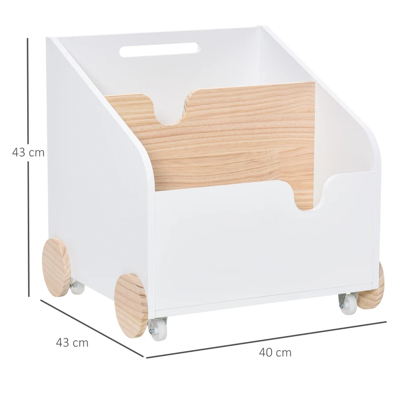 HOMCOM Caja de Almacenamiento de Madera para Juguetes 2 Secciones con Ruedas Asa Librería Infantil con Ruedas para Habitación de Niños 40x43x43 cm Blanco y Natural