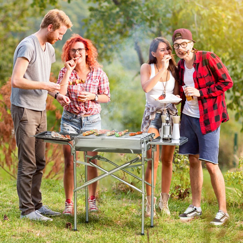 Outsunny Outdoor Folding BBQ Rectangular Stainless Steel Foldable Pedestal Charcoal Barbecue Grill - Silver
