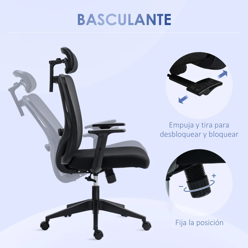 Vinsetto Silla de Oficina Giratoria con Reposabrazos 2D Silla Escritorio Regulable en Altura Reposacabezas Soporte Lumbar y Respaldo Alto Malla Transpirable 67x64x117-127 cm Negro
