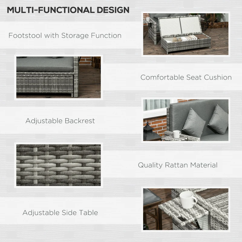 Outsunny Rattan Garden Daybed, Assembled Double Sun Lounger with 5-Level Adjustable Back, Storage Ottoman, Cushions, Pillows and Retractable Trays, Outdoor Loveseat Sofa Bed for Patio, Mixed Grey