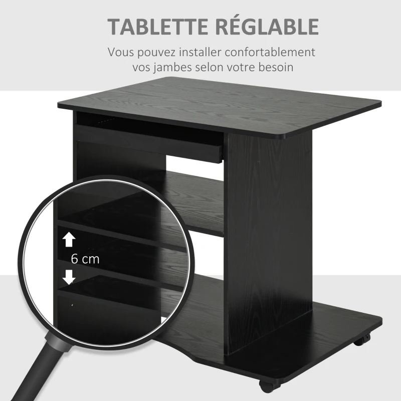HOMCOM Bureau Informatique à roulettes avec Support Clavier dim. 80L x 50l x 76H cm MDF Noir