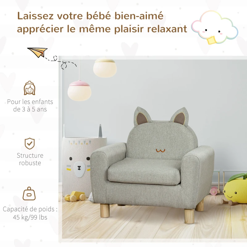 HOMCOM Fauteuil pour enfant canapé chaise enfant design scandinave grand confort avec oreille de chat piètement bois et tissu dim. 61l x 42P x 53H cm gris
