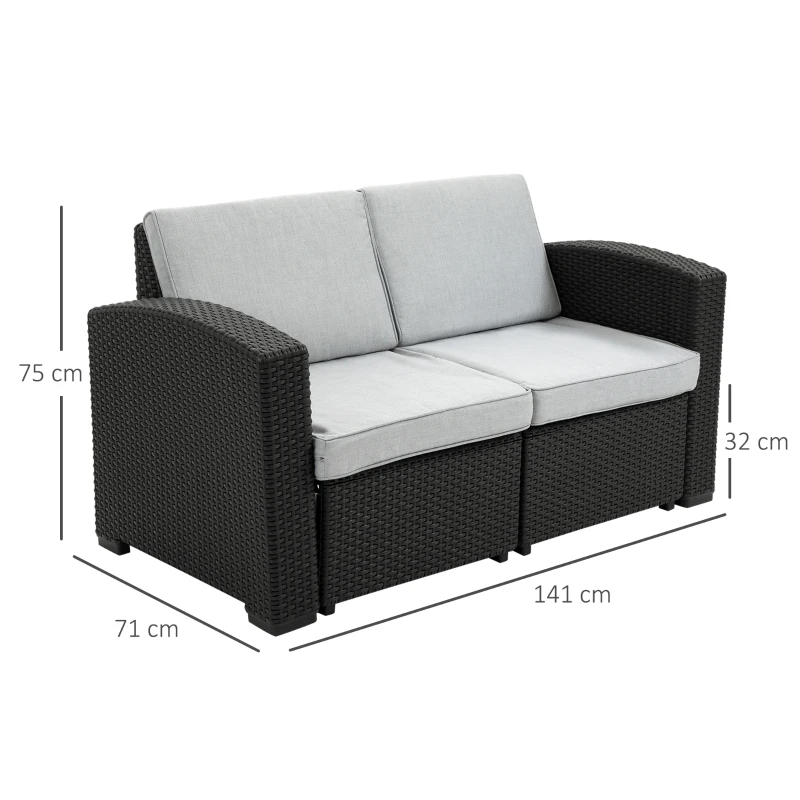 Outsunny Divano da Esterno a 2 Posti da in PP Plastica ad Effetto Rattan, Divano da Giardino con Cuscini Rimovibili e Lavabili, Grigio e Nero