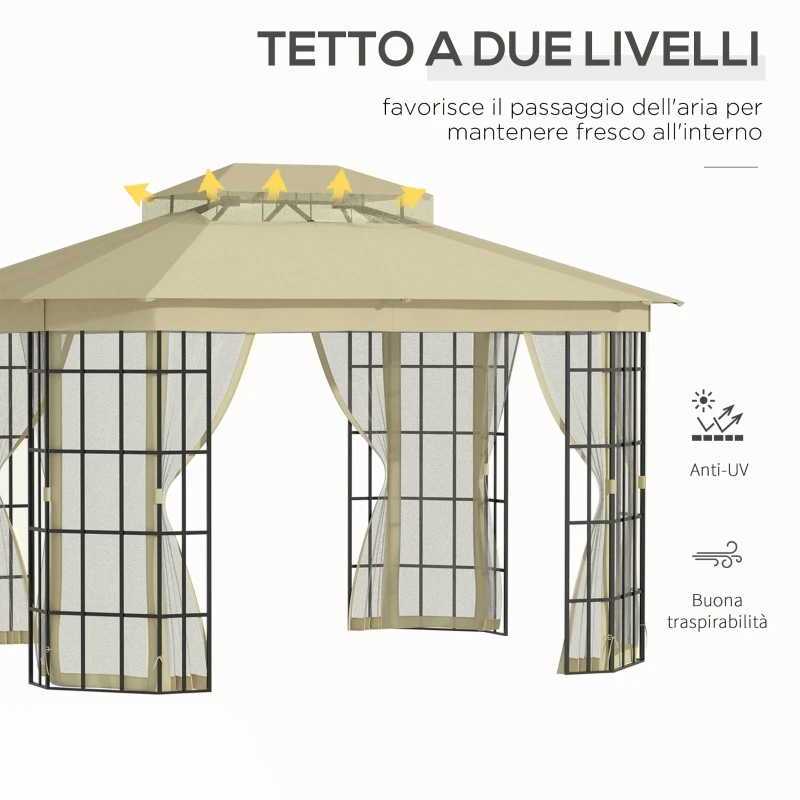 Outsunny Gazebo da Giardino con Zanzariera, Tetto a 2 Livelli e Struttura in Metallo, 3.7x3m, Beige
