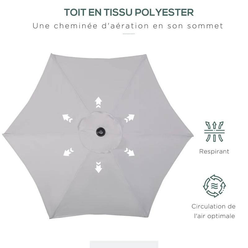 Outsunny Parasol droit ronde parasol de jardin Ø 2 m mât en aluminium 6 baleines métal et toile gris clair