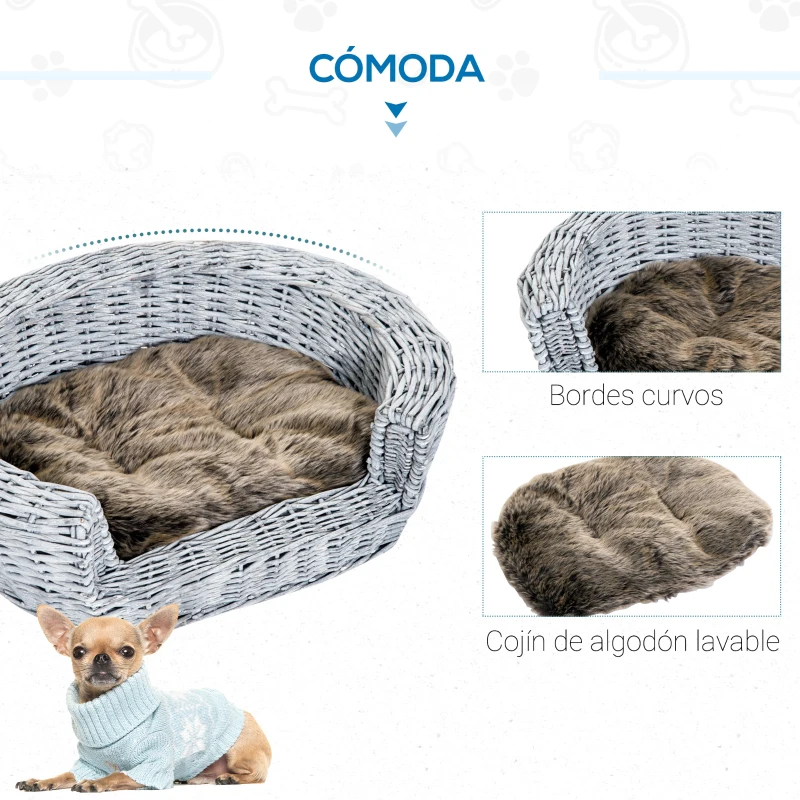 PawHut Cama para Perros de Mimbre Cesta de Mimbre para Gatos Perros Mascotas con Cojín Lavable 57x46x17,5 cm Gris