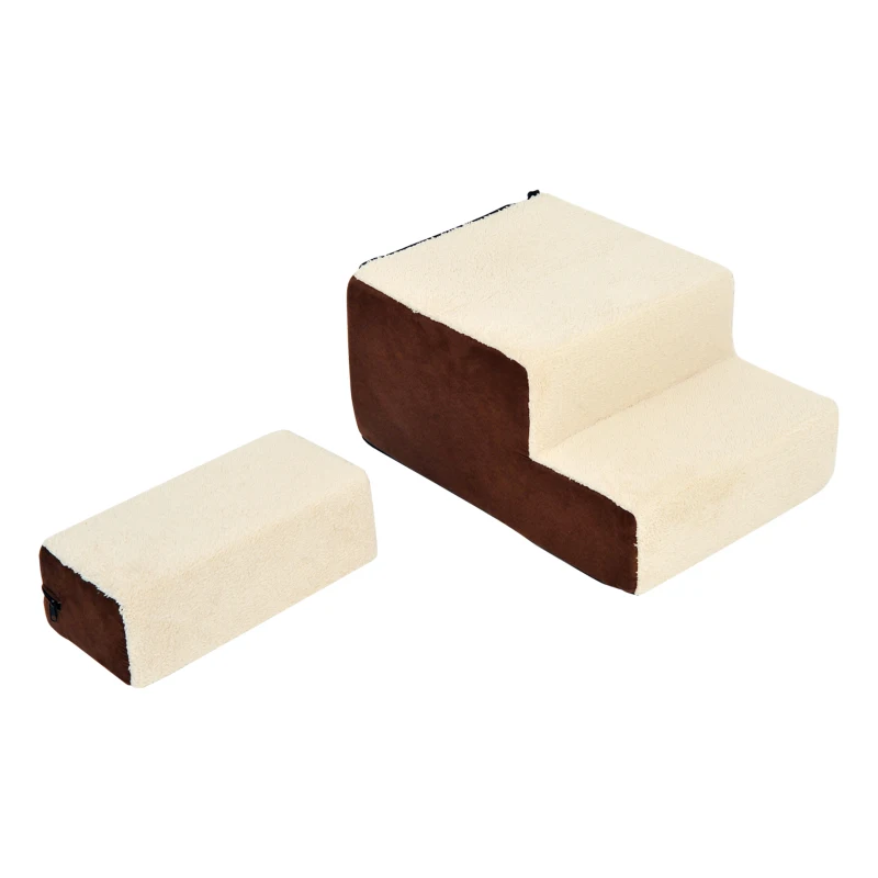 PawHut Escalier pour chien animaux rampe pour canapé 2/3 marches déhoussable dim. 54L x 40l x 39H cm mousse haute densité tissu peluche courte chocolat crème
