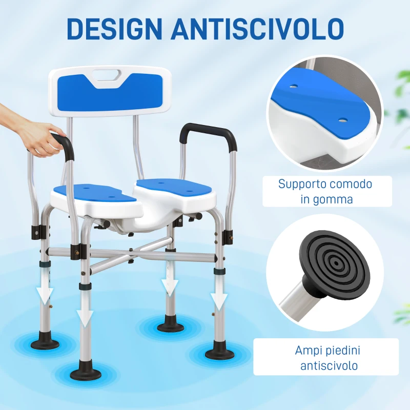 HOMCOM Sedia da Doccia con Seduta Scanalata, Altezza Regolabile e Piedini Antiscivolo, Blu