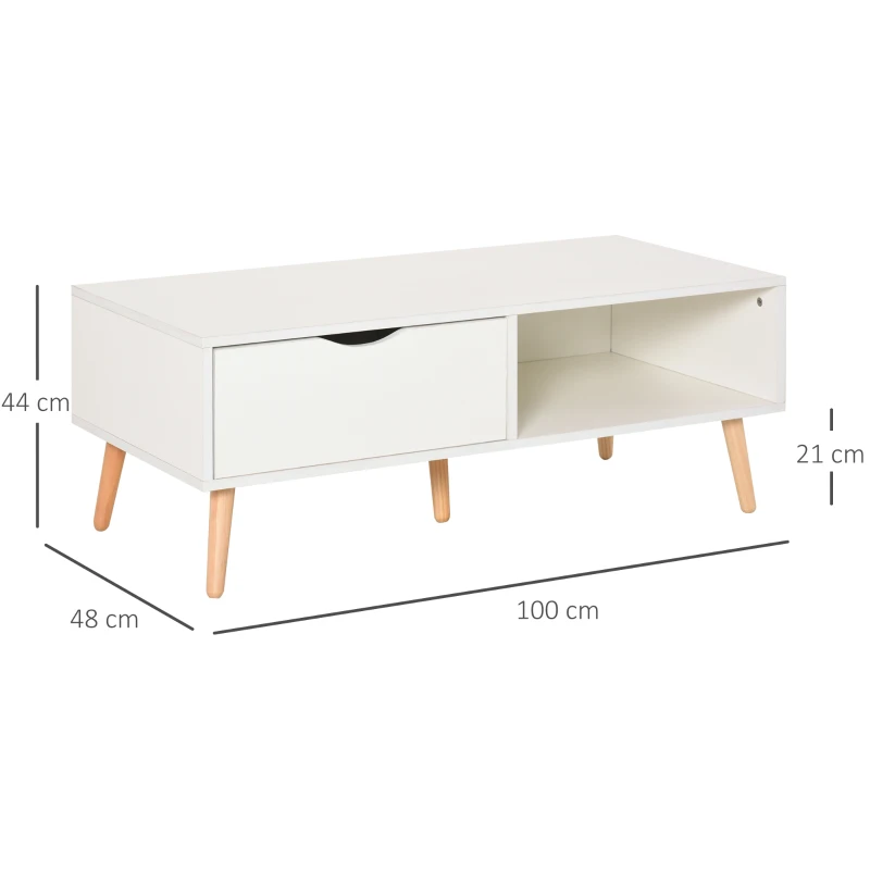 HOMCOM Table Basse rectangulaire Design scandinave Grande Niche et tiroir Coulissant Bois Massif pin Panneaux Particules Blanc