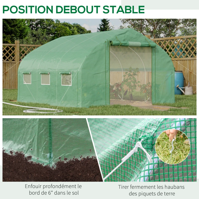 Outsunny Serre de jardin tunnel 10,4 m² serre de jardin anti-UV porte zippée enroulable fenêtres maille 350 x 300 x 200 cm vert