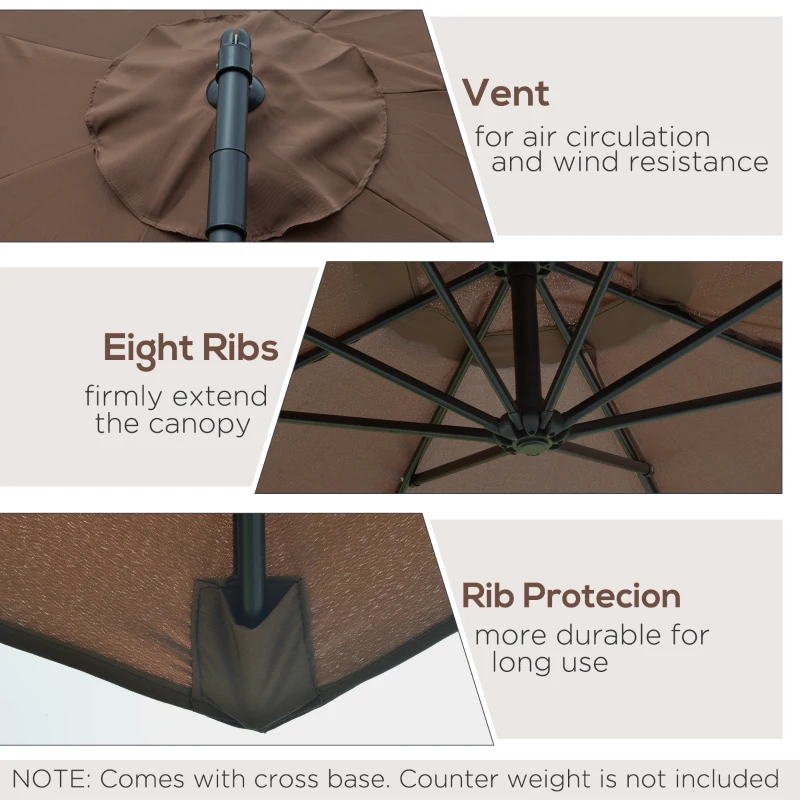 Outsunny 2.45m Overhanging Cantilever Parasol, Heavy Duty Waterproof Garden Umbrella with Cross Base, Brown