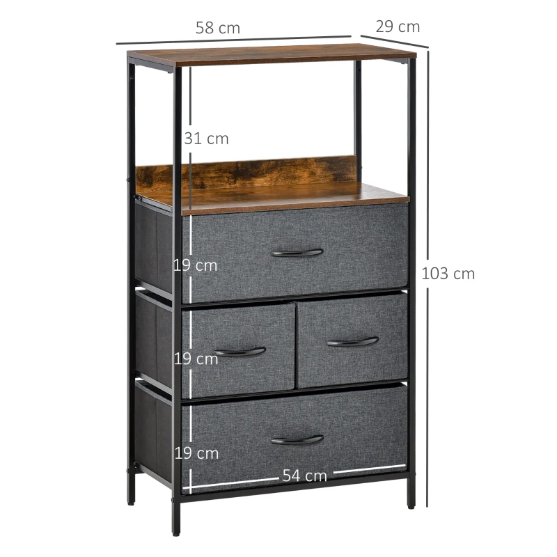 HOMCOM Cajonera de Tela con 4 Cajones Plegables y Estante Abierto Mueble de Oficina Estudio Dormitorio 58x29x103 cm Gris